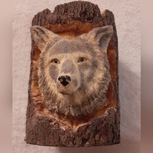 Vintage Candle Holder Wolf Head Coming Out Of Tree Carved - Good Used Condition
